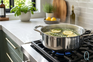 simmering pan with sliced lemons and rosemary.